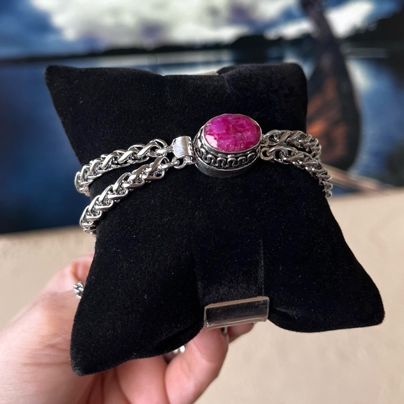 Genuine pink indian ruby gemstone stainless steel double chain boho bracelet - Picture 9 of 15